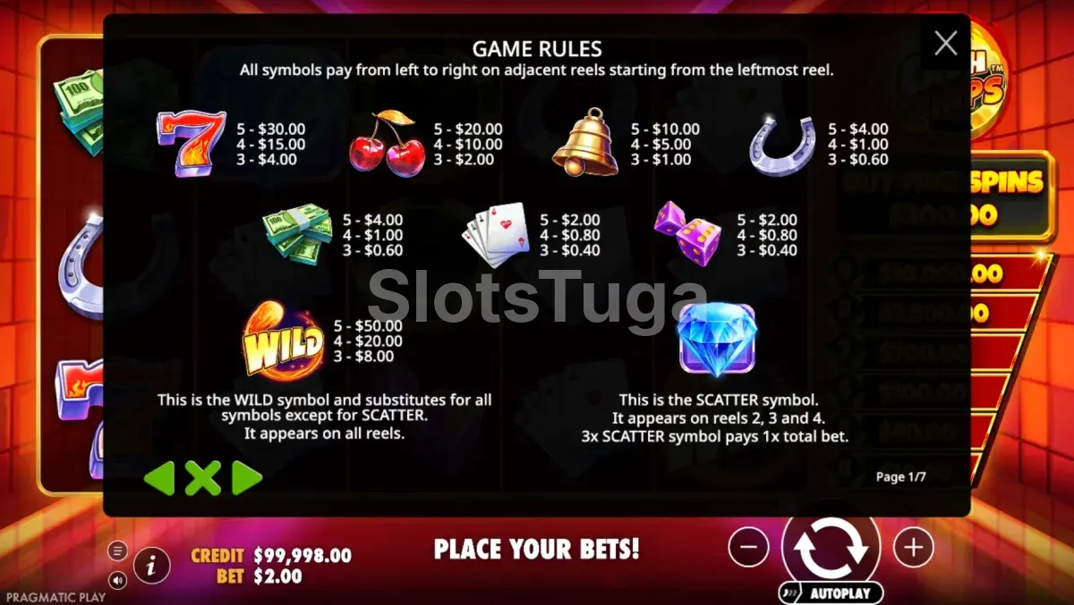 Tabela de pagamentos da slot Cash Chips da Pragmatic Play