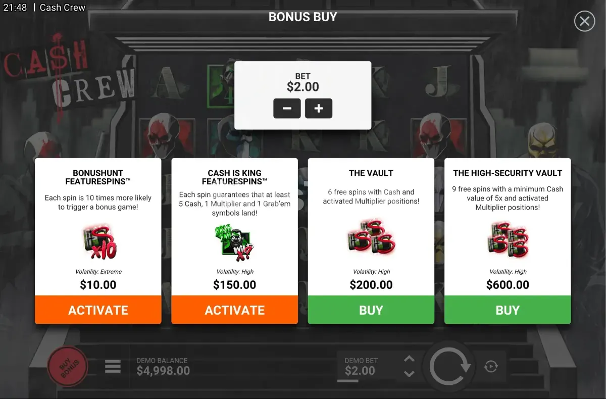 Tela de compra de bônus da Cash Crew com opções disponíveis