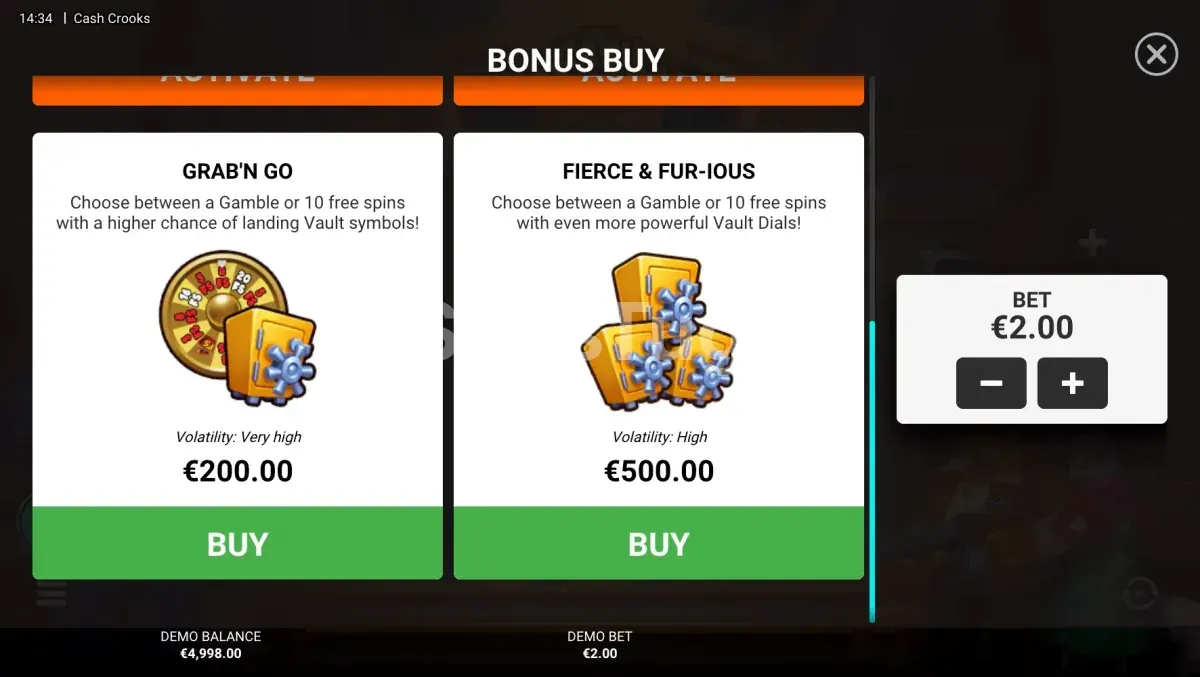 Menu de compra de bônus da Cash Crooks com as quatro opções disponíveis