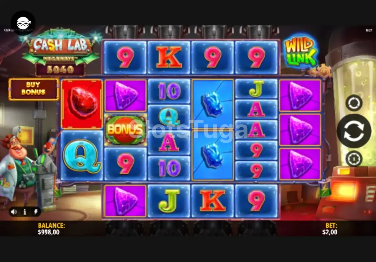 Jogo base da Cash Lab Megaways com rouleaux coloridos e símbolos de laboratório