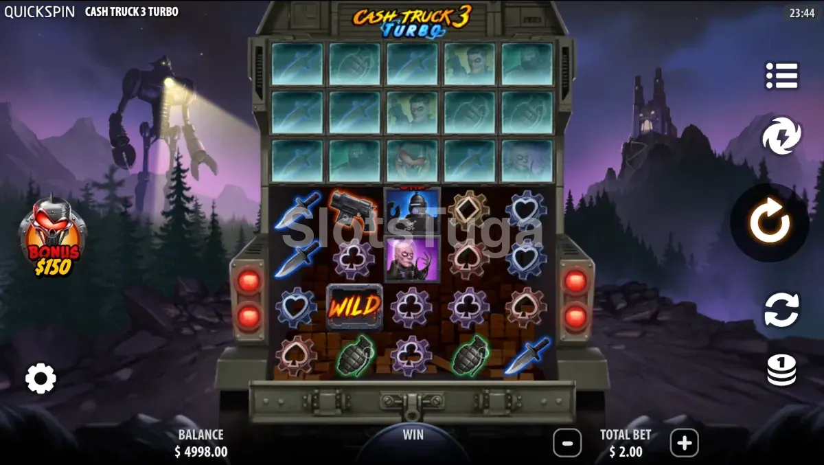 Cash Truck 3 Turbo: a traseira de um camião blindado serve de grelha, com três filas trancadas por cima, facas, uma pistola, granadas, naipes em forma de engrenagem e um wild, num vale escuro vigiado por um robô gigante de holofote.