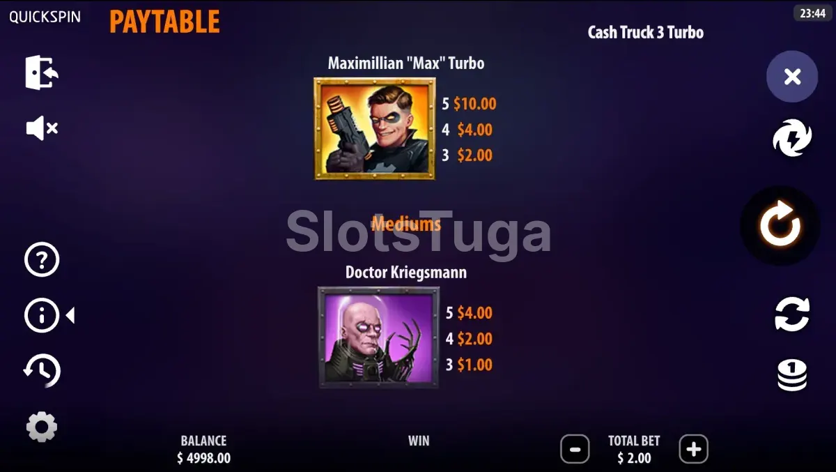 Tabela de pagamentos da Cash Truck 3 Turbo mostrando os símbolos e valores