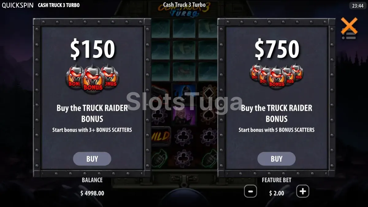 Tela de compra de bônus da Cash Truck 3 Turbo com as opções disponíveis