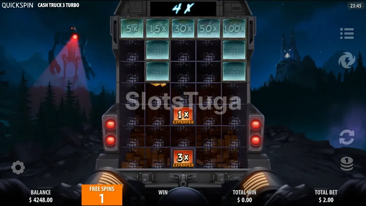 Rodadas de bônus em andamento na Cash Truck 3 Turbo com símbolos especiais na tela