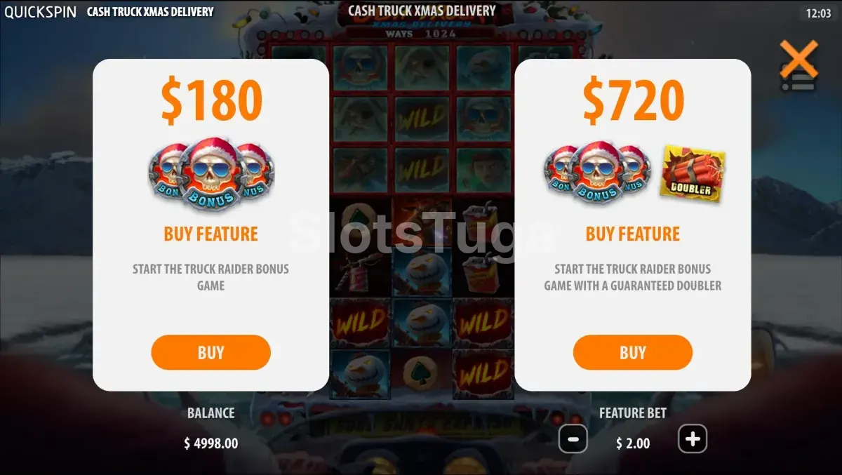 Tela de compra de bônus do Cash Truck Xmas Delivery com as opções disponíveis