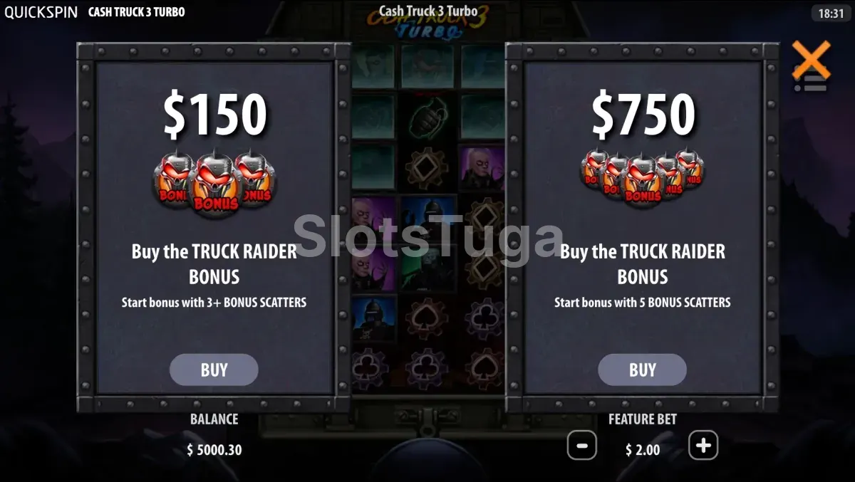Tela de compra de bônus da Cash Truck com opções de Truck Raider