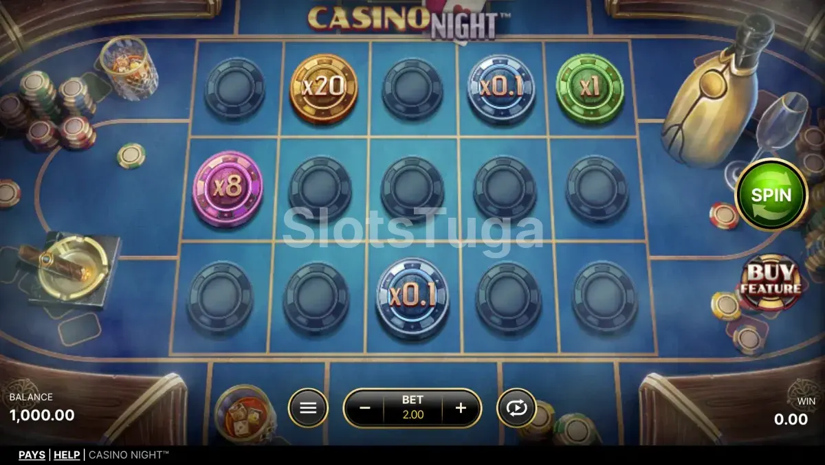 Jogo base da Casino Night com mesa coberta de fichas e personagens suspeitos