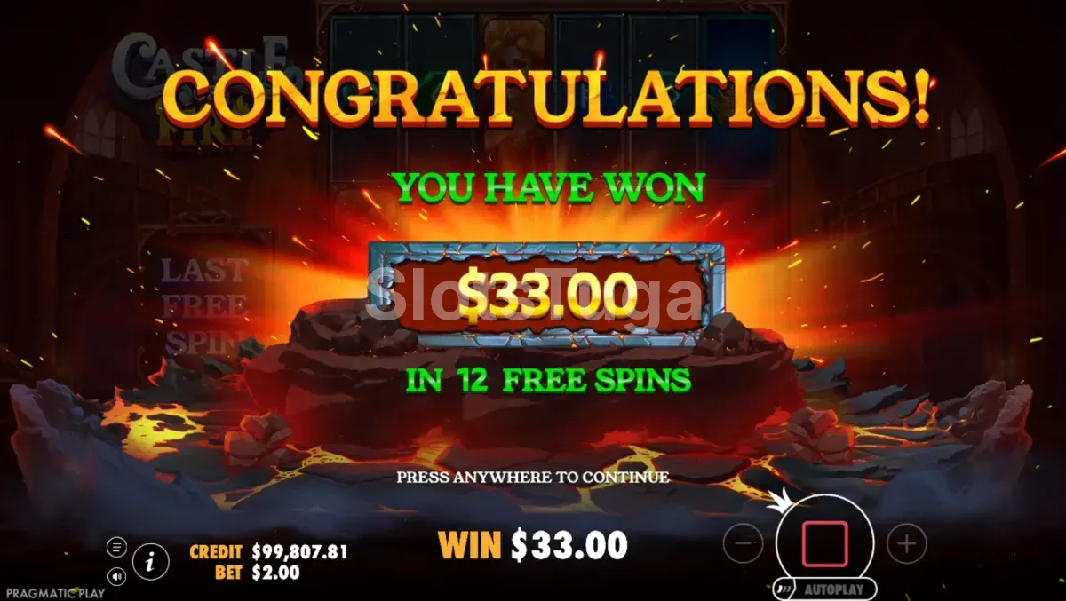 Grande vitória no Castle of Fire mostrando o potencial máximo do slot