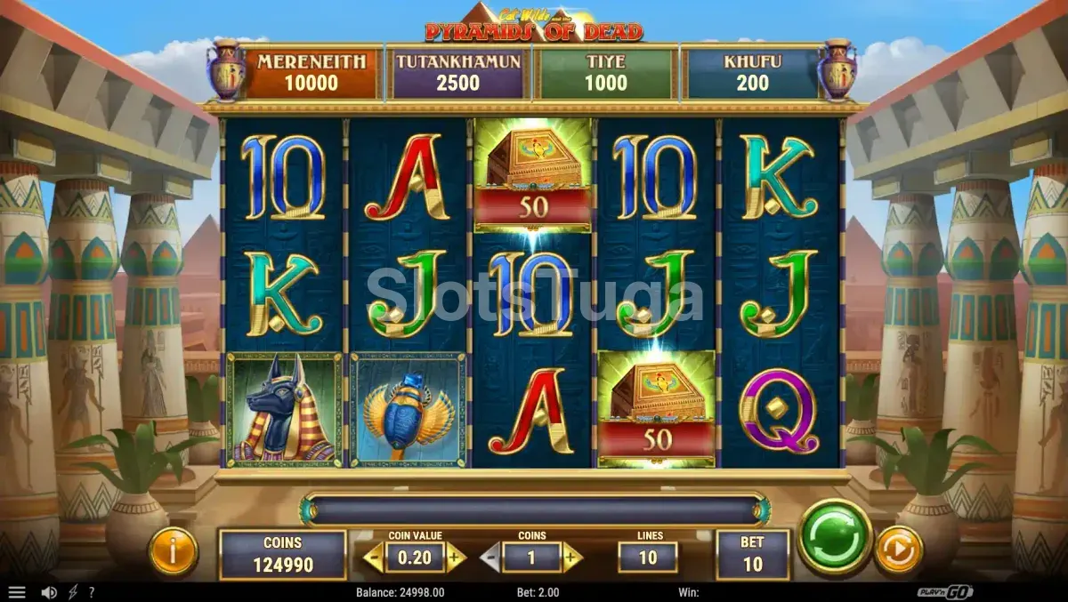 Tela inicial da slot Cat Wilde and the Pyramids of Dead mostrando os rolos principais