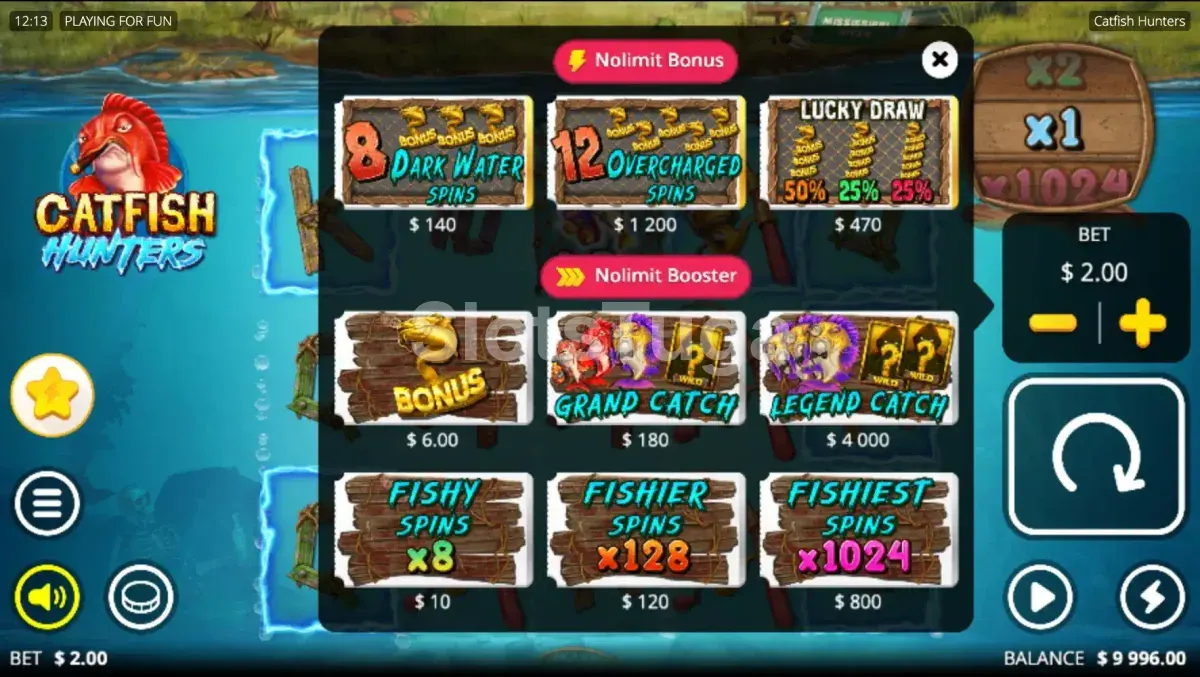 Tela de compra de bônus do Catfish Hunters com as opções disponíveis