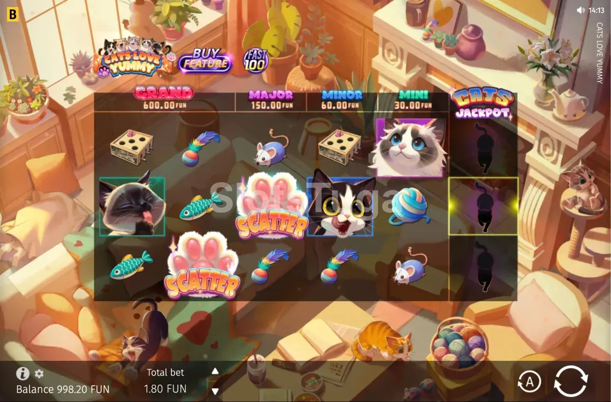 Jogo base de Cats Love Yummy com a grelha de 5 rolos e 3 linhas