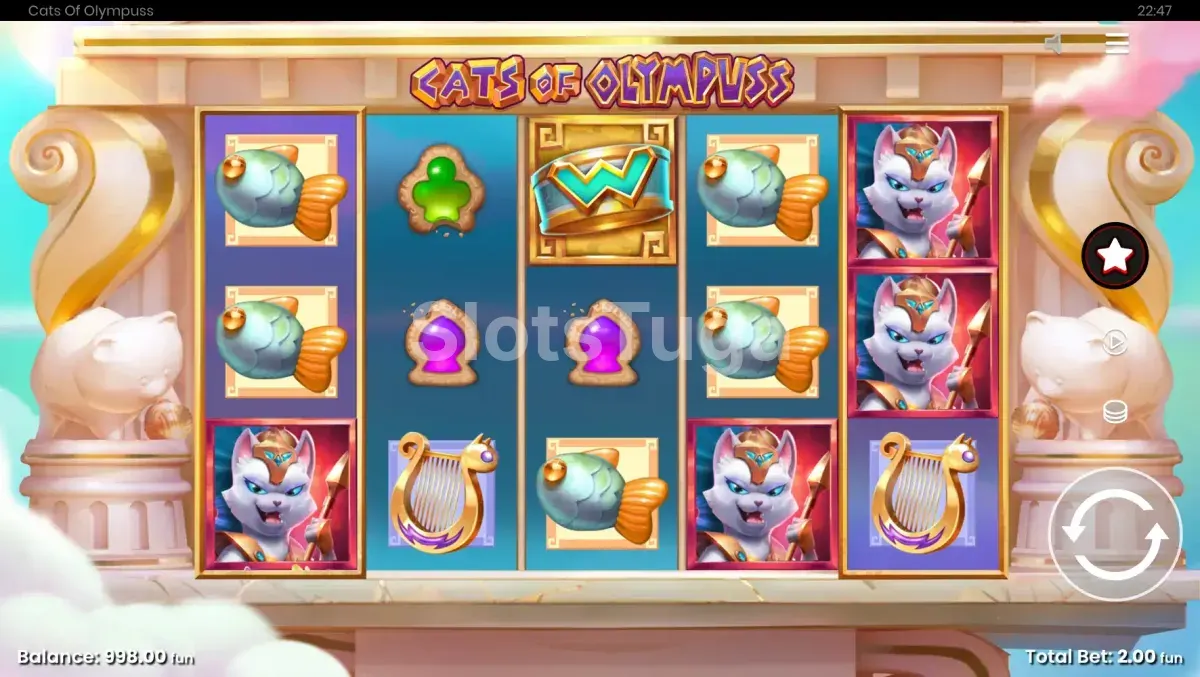 Cats of Olympuss: cinco rolos entre colunas brancas e estátuas de gatos, com gatos guerreiros de capacete grego, peixes, harpas e o símbolo wild dourado no rolo do meio.