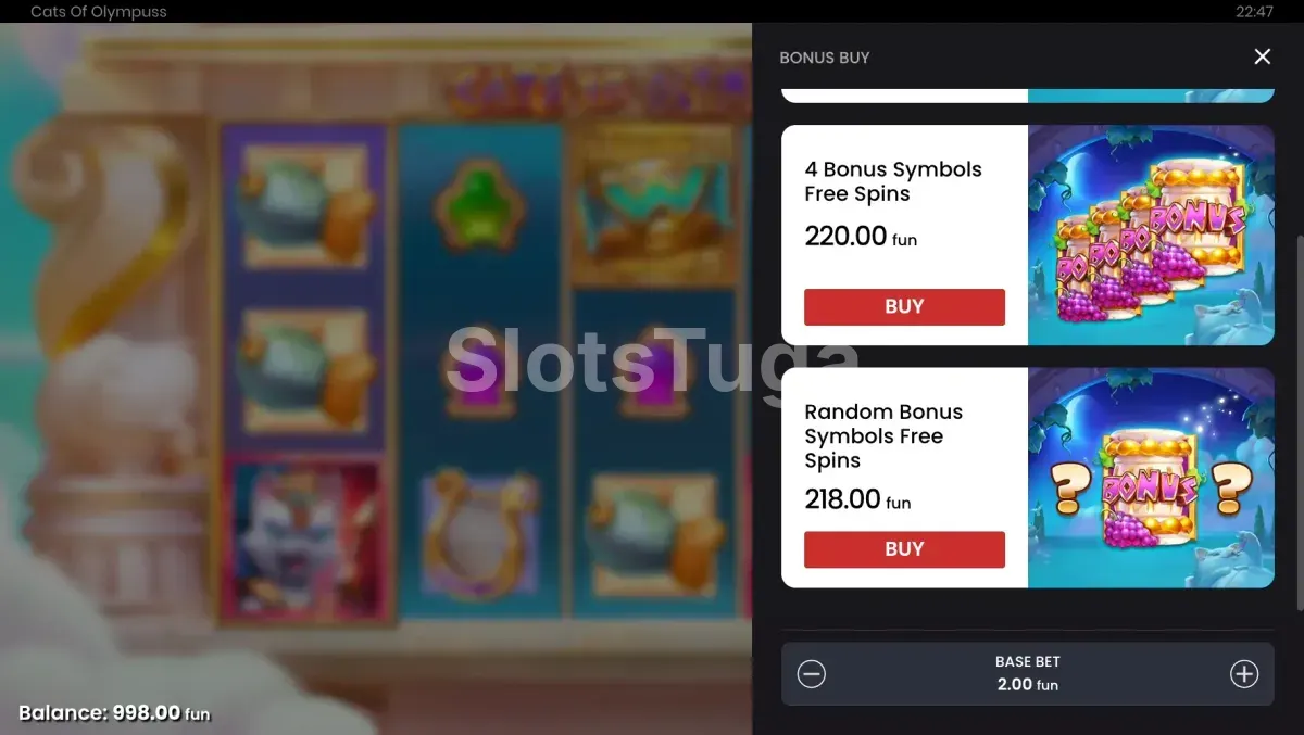 Tela de compra de bônus do Cats of Olympuss com as três opções disponíveis