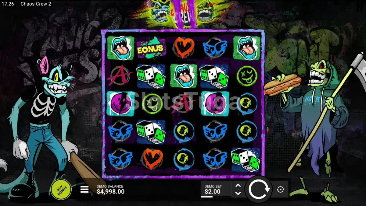 Jogo base da slot Chaos Crew 2 com seus personagens caóticos em ação