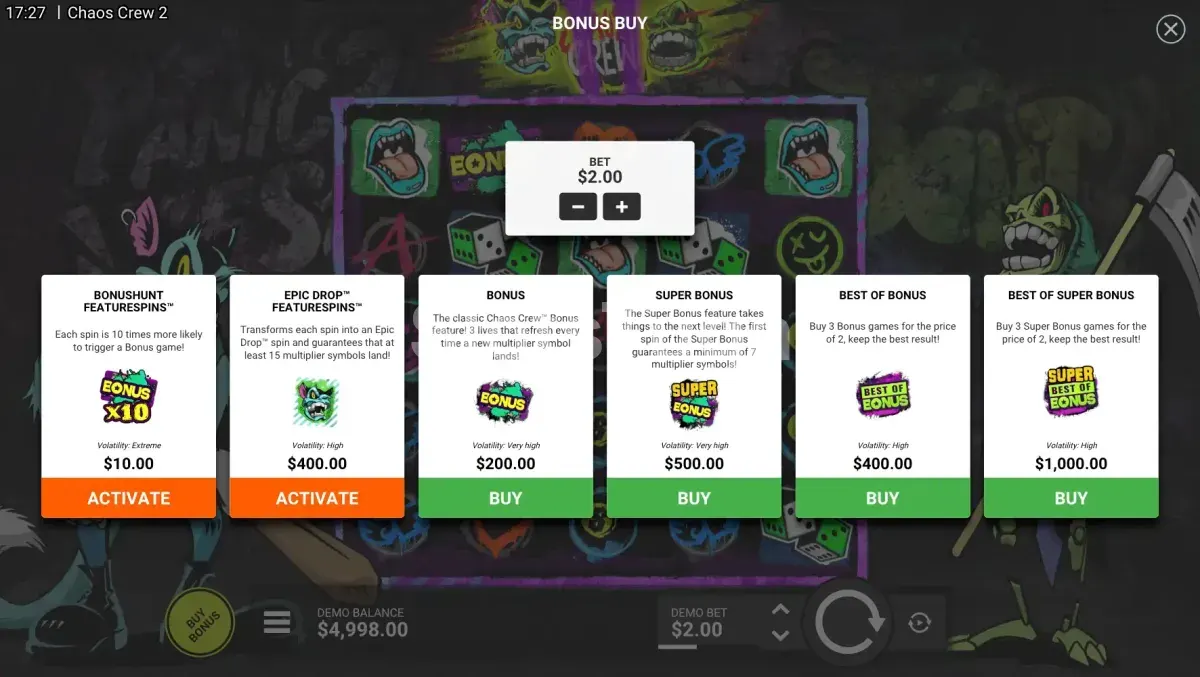 Tela de compra de bônus da slot Chaos Crew 2 com as opções disponíveis