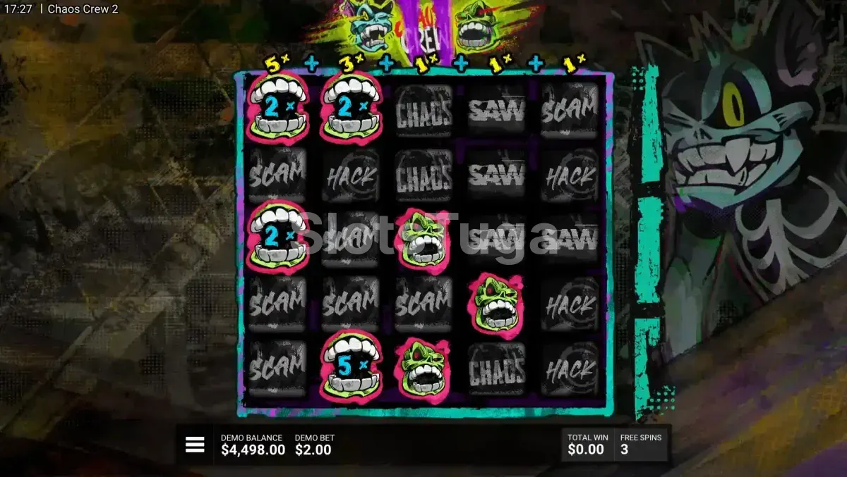 Modo de rodadas grátis ativado na Chaos Crew 2 com multiplicadores em destaque
