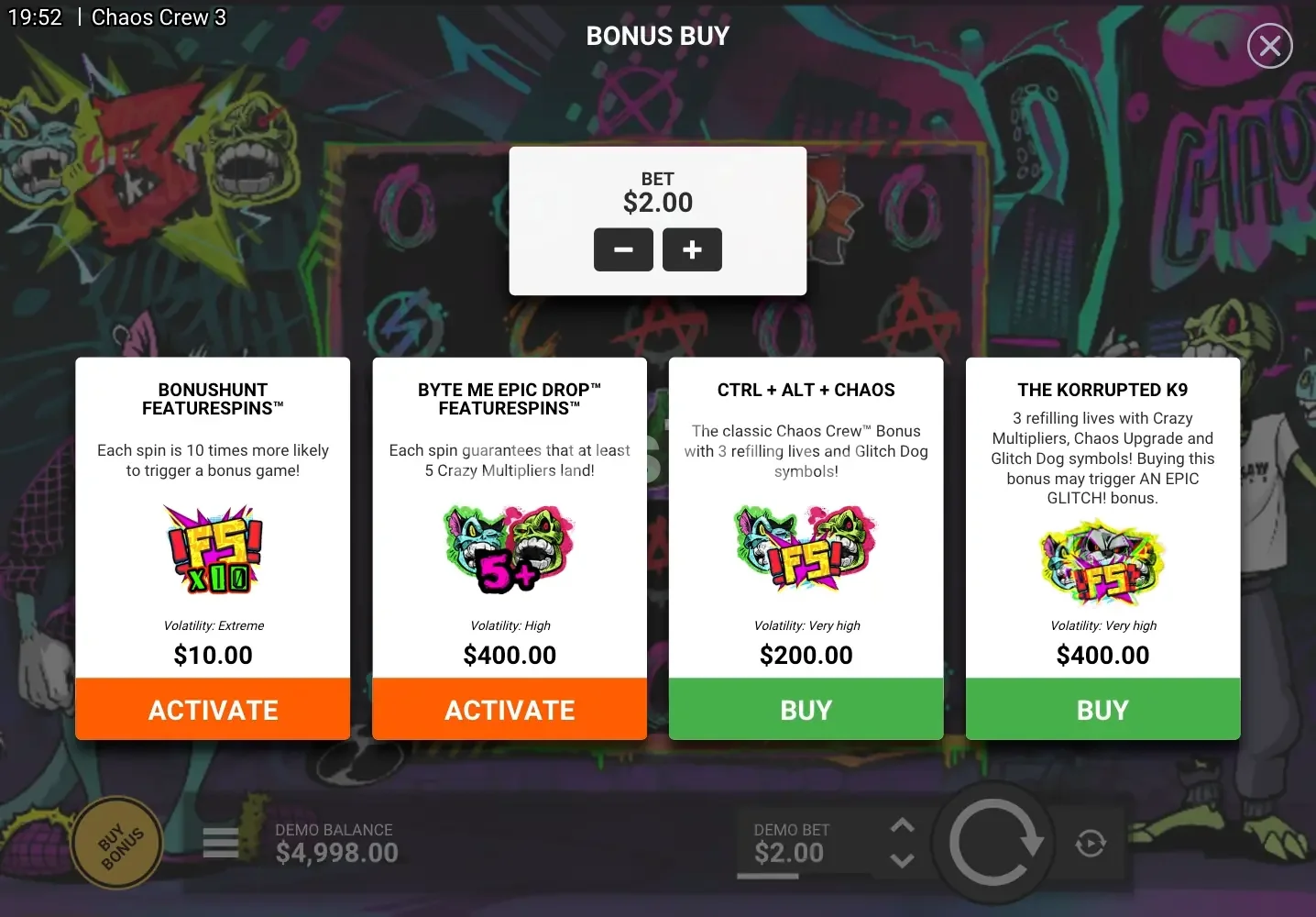 Tela de compra de bônus do Chaos Crew 3 com as opções disponíveis