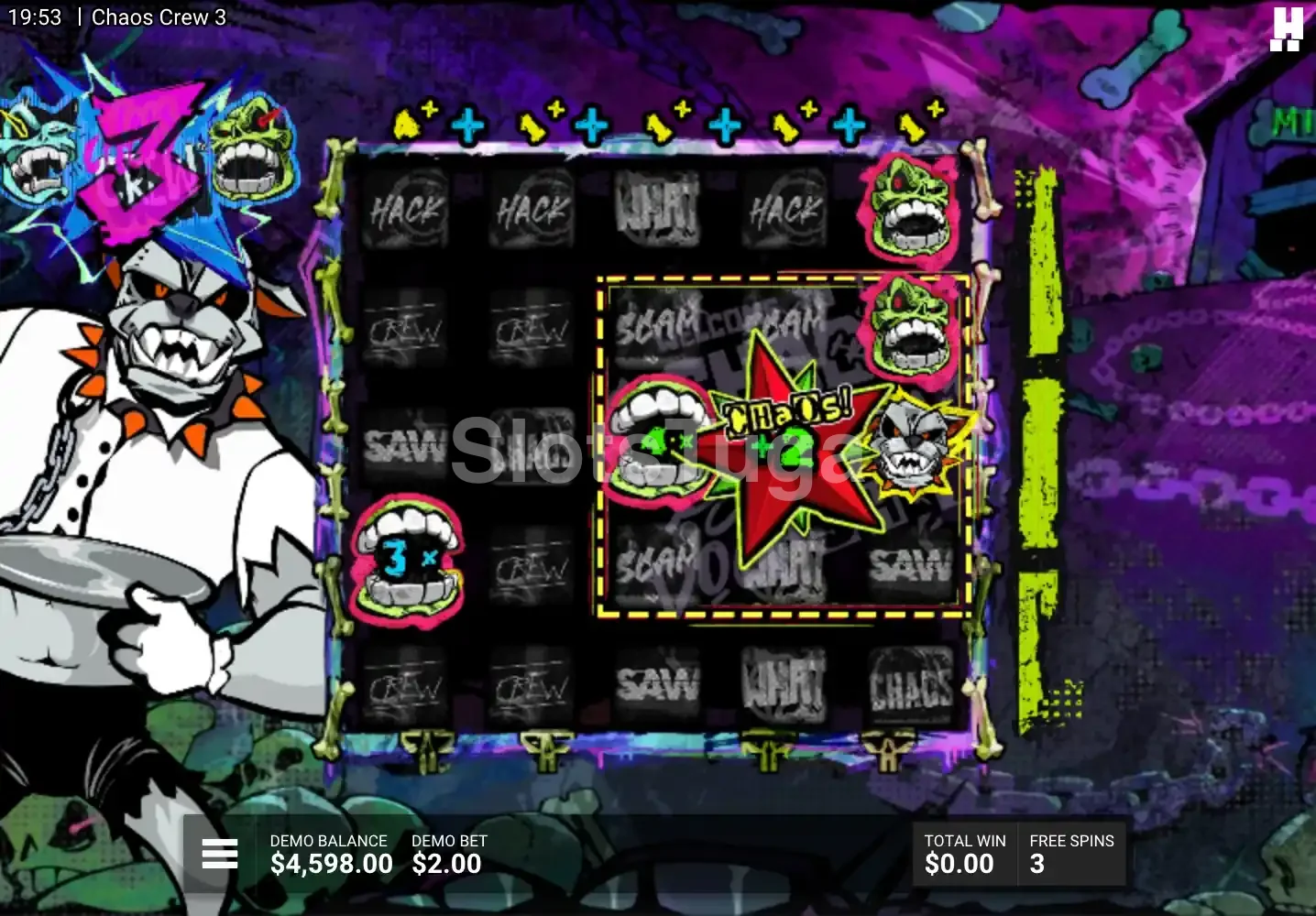 Round de free spins ativado no Chaos Crew 3 com multiplicadores em ação