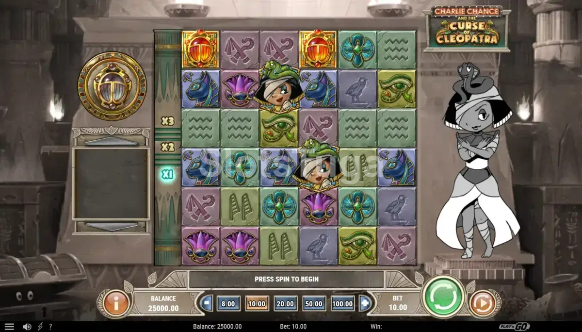 Tela principal do jogo Charlie Chance and the Curse of Cleopatra com os rouleaux e símbolos egípcios