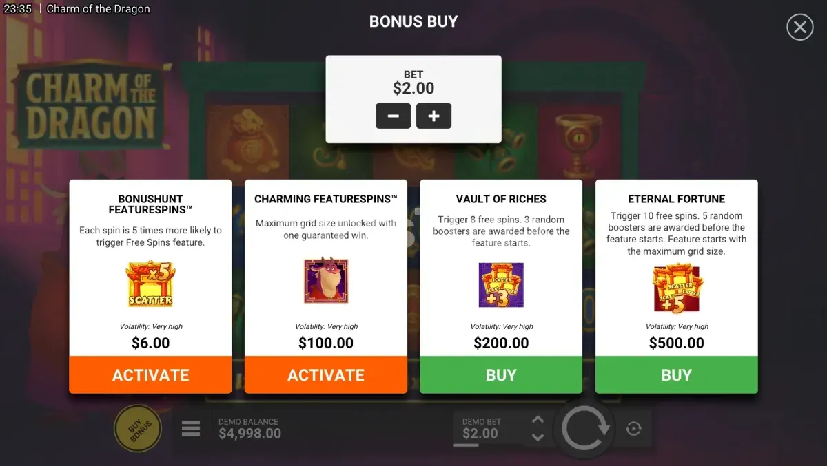 Interface de Bonus Buy do Charm of the Dragon com as opções disponíveis