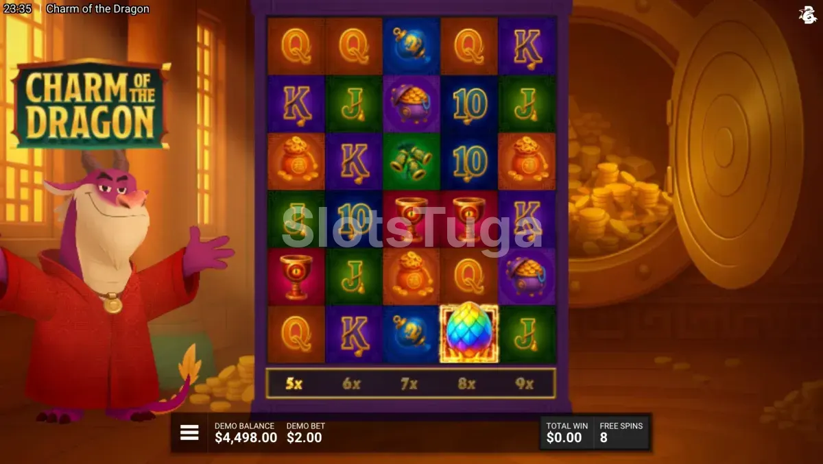 Rodada de Free Spins do Charm of the Dragon com multiplicadores ativos