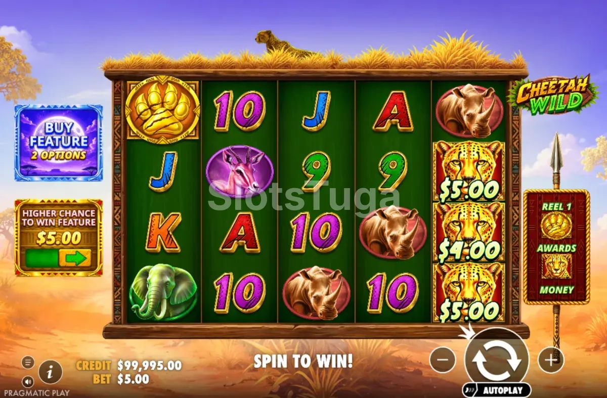 Jogo base de Cheetah Wild com a grelha de 5 rolos e 4 linhas