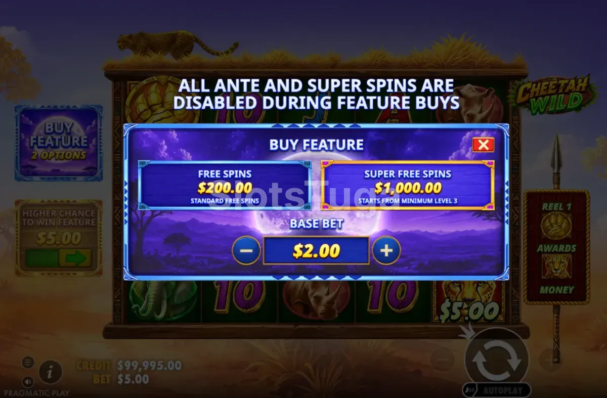 Menu de compra de bónus de Cheetah Wild com free spins e super free spins