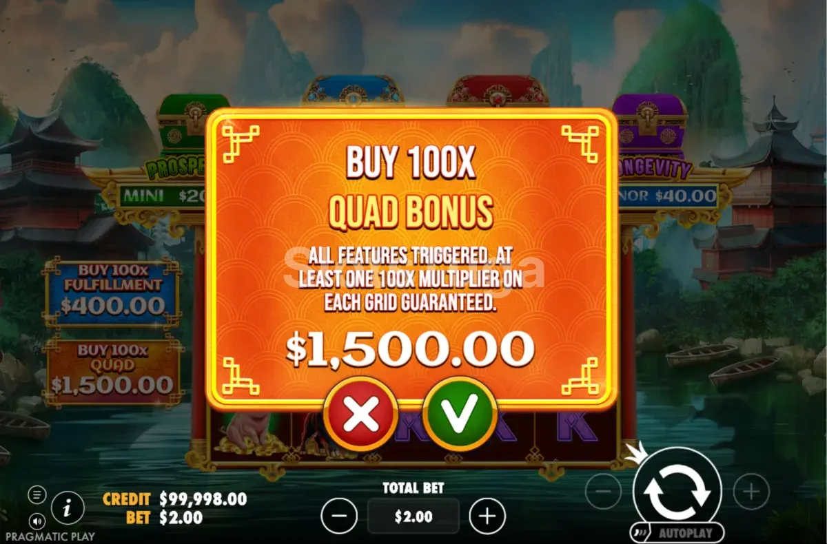 Ecrã de compra de bónus de Chests Of Cai Shen, Infinity