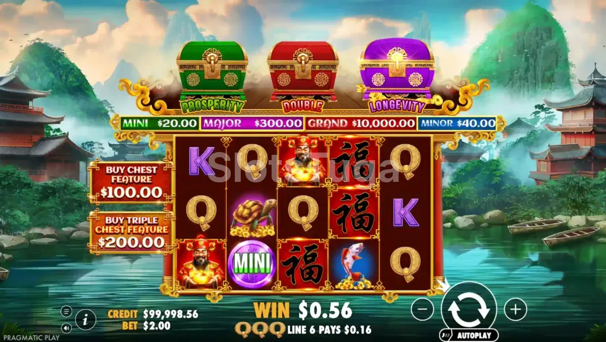 Tela principal do jogo Chests of Cai Shen com os rouleaux e símbolos asiáticos