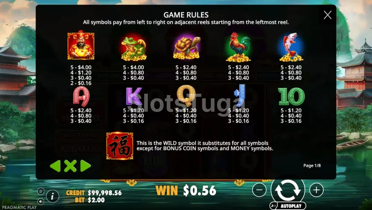 Tabela de pagamentos da slot Chests of Cai Shen com todos os símbolos e valores