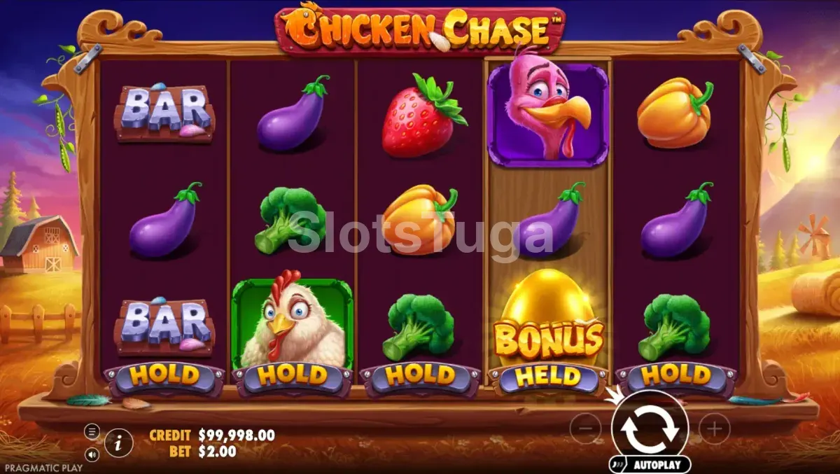 Tela principal do jogo Chicken Chase com fazenda ao fundo