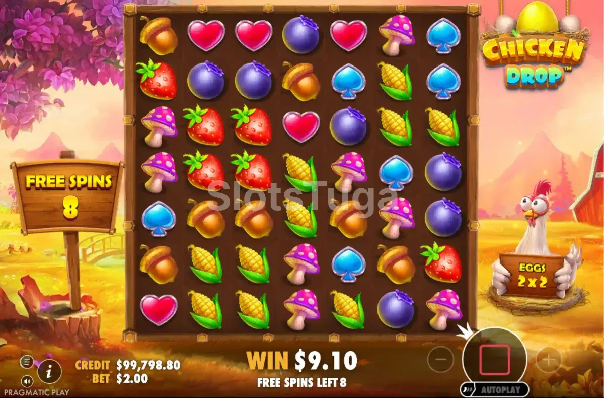 Rodadas grátis ativadas na slot Chicken Drop