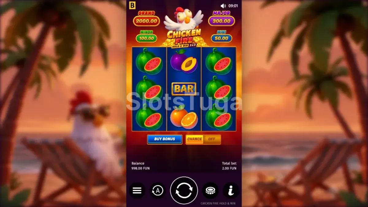 Tela principal do jogo Chicken Fire com o grid 3x3 e símbolos em chamas