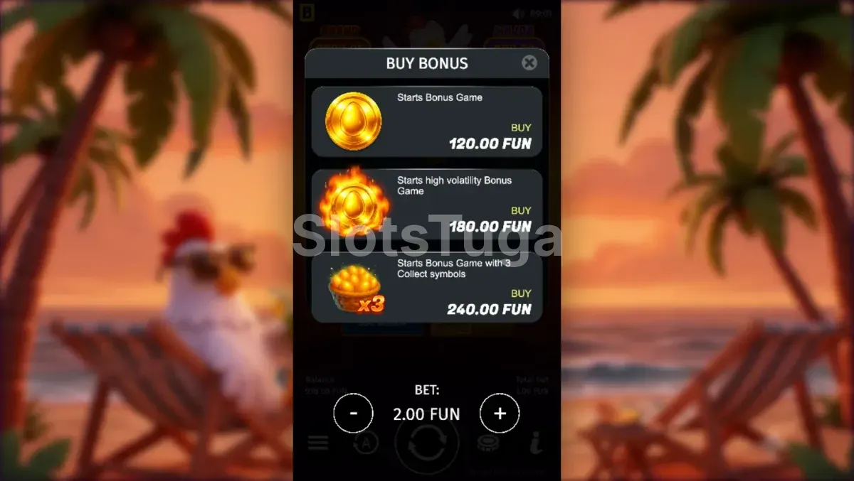 Tela de compra de bônus do Chicken Fire com opções e valores disponíveis