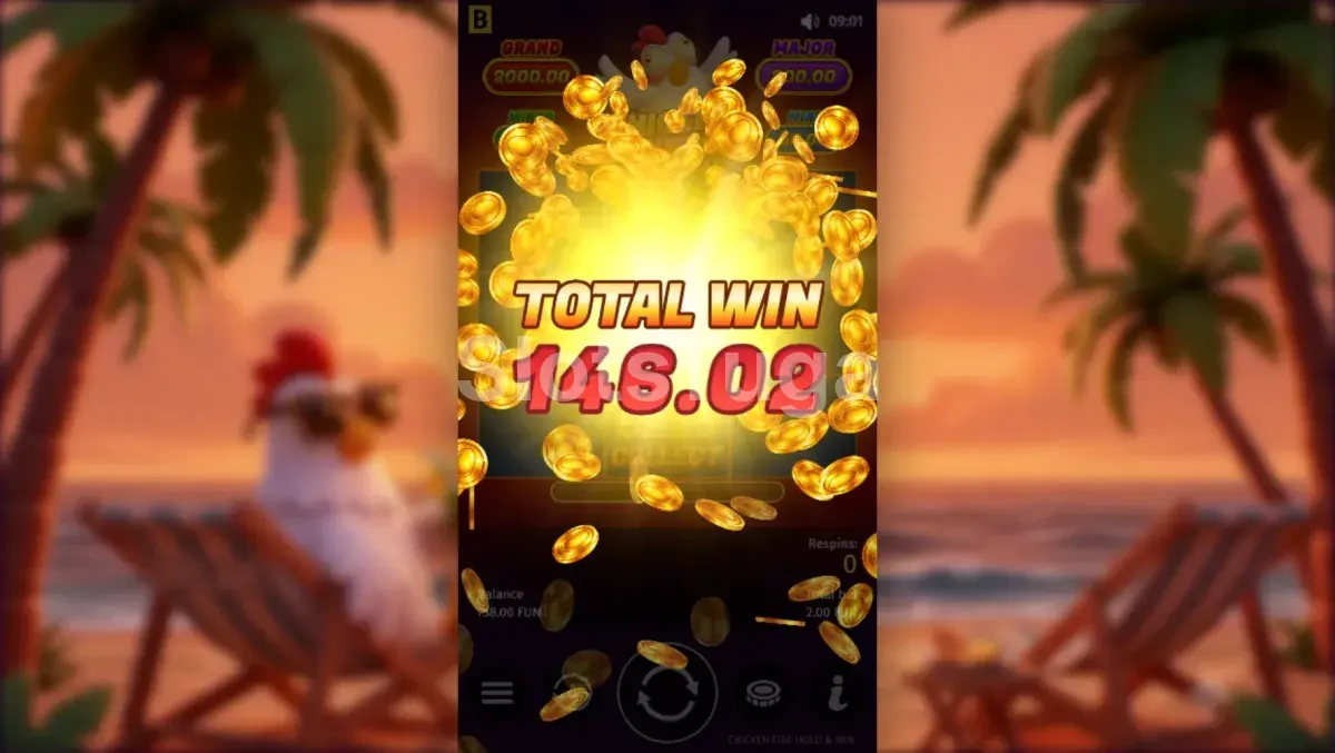 Tela de grande vitória no Chicken Fire com o valor do prêmio em destaque