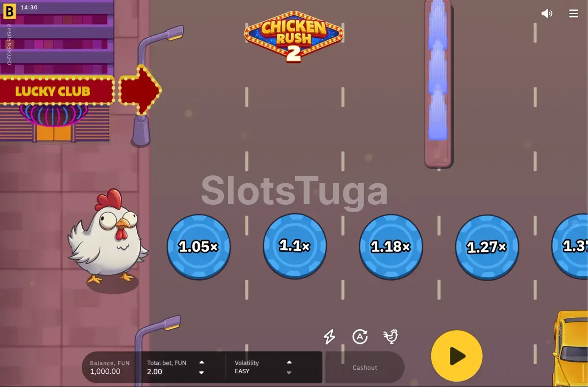 Tela inicial do jogo Chicken Rush 2 mostrando a galinha na pista