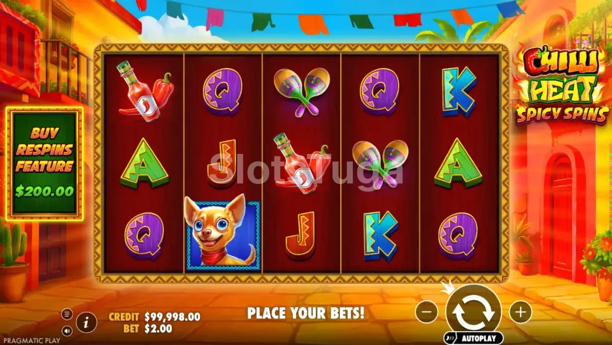 Tela principal do jogo Chilli Heat Spicy Spins com cenário mexicano colorido