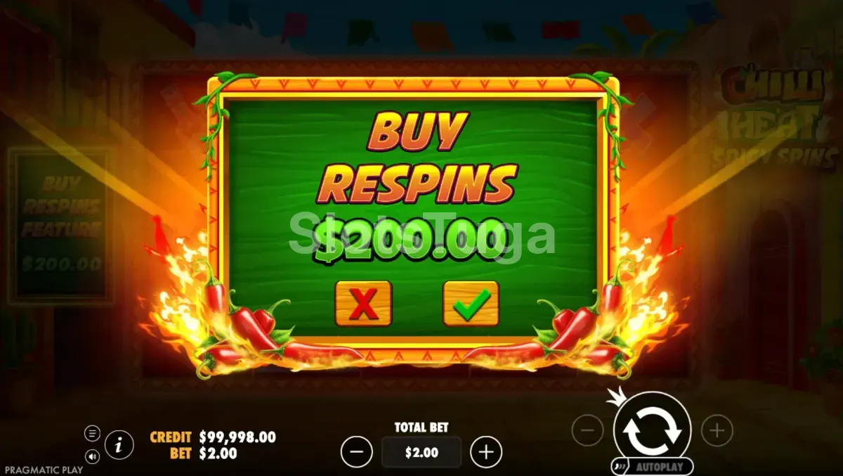 Tela de compra de bônus da Chilli Heat Spicy Spins com opções de ativação