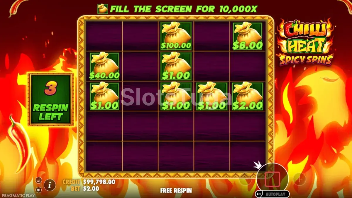 Rodada de respins em andamento na Chilli Heat Spicy Spins com símbolos de dinheiro na grade