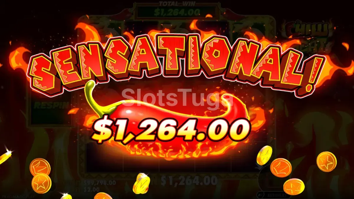 Tela de grande vitória na Chilli Heat Spicy Spins com animação de celebração