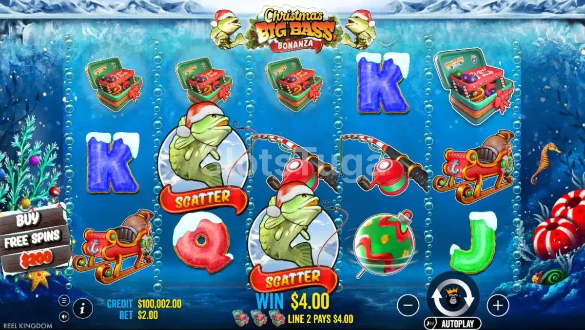 Jogo base da Christmas Big Bass Bonanza com cenário natalino