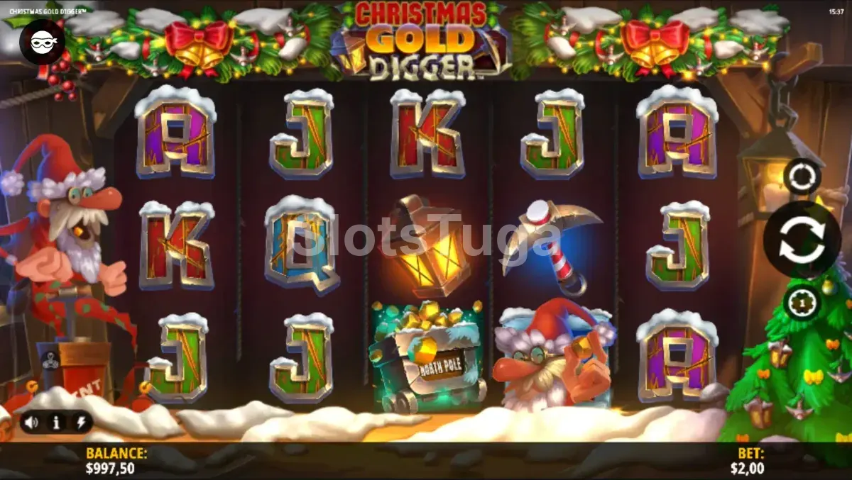 Jogo base da Christmas Gold Digger com rolos e símbolos natalinos