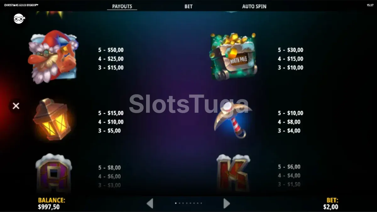 Tabela de pagamentos da Christmas Gold Digger mostrando símbolos e multiplicadores