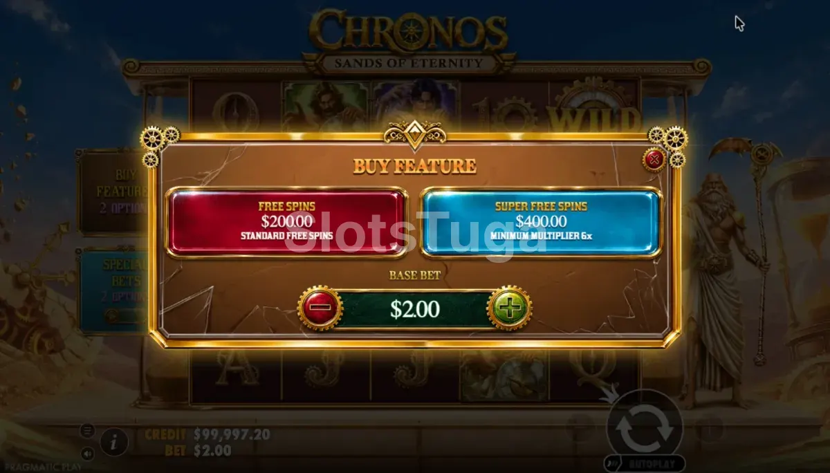 Ecrã de compra de bónus de Chronos Sands of Eternity