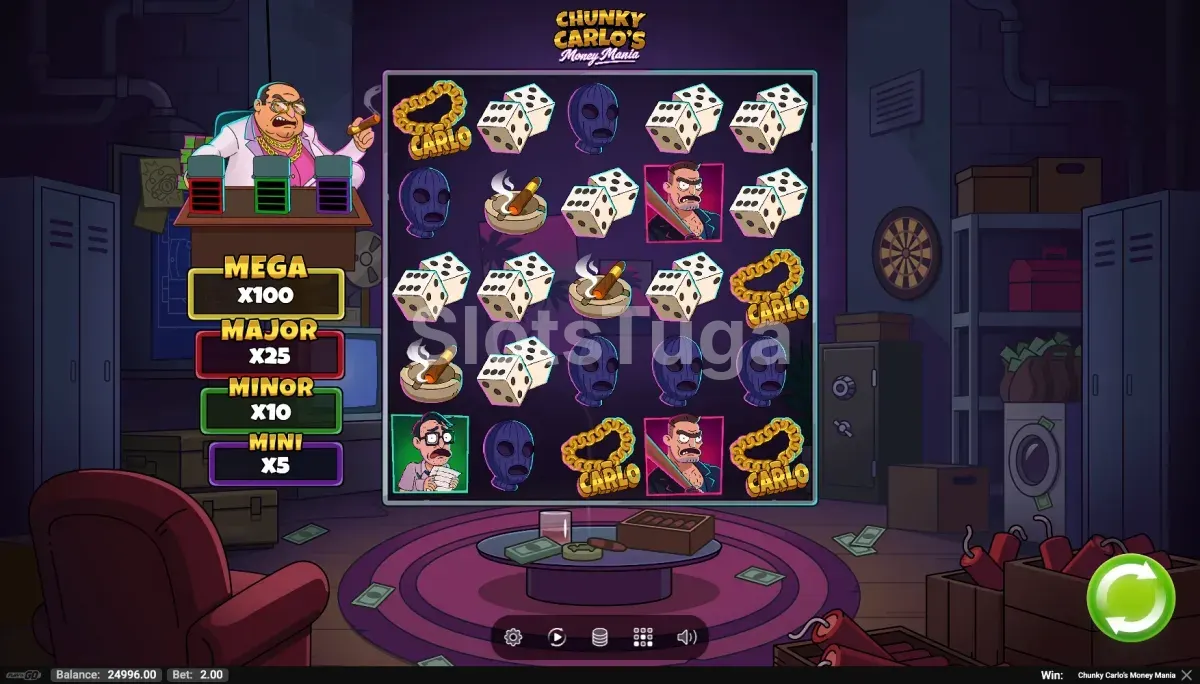 Segunda vista do jogo base de Chunky Carlos Money Mania com símbolos de Moeda e dinamite