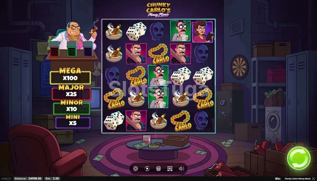 Jogo base de Chunky Carlos Money Mania com a grelha 5x5 e os maços de notas