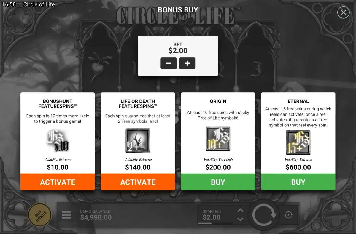 Menu de compra de bônus da Circle of Life com opções disponíveis