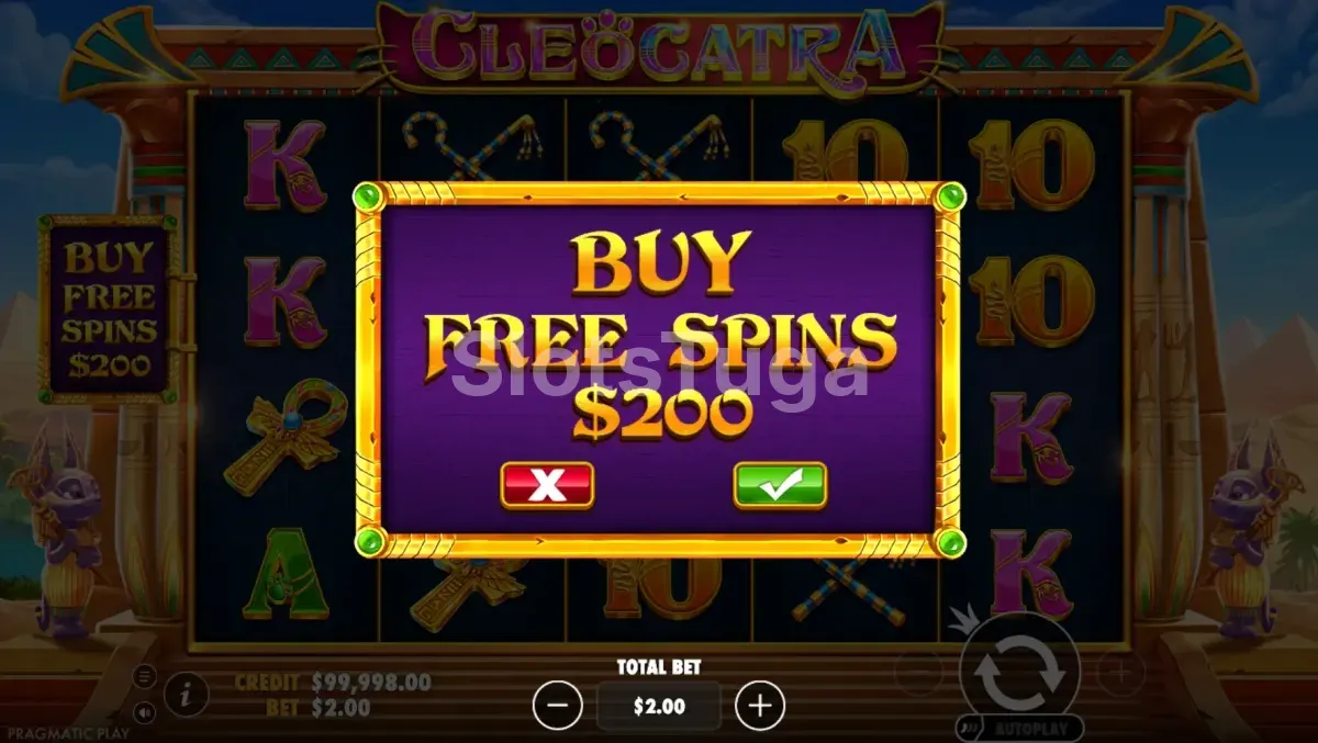 Tela de compra de bônus da slot Cleocatra da Pragmatic Play