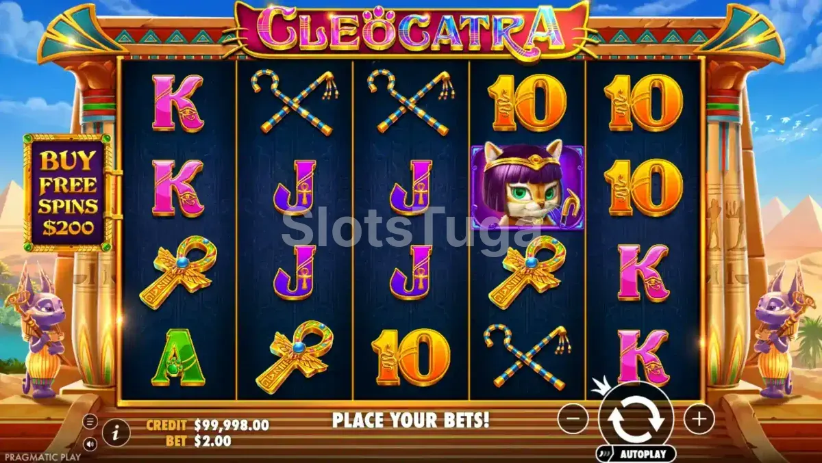 Jogo base da slot Cleocatra com tema egípcio e gatos