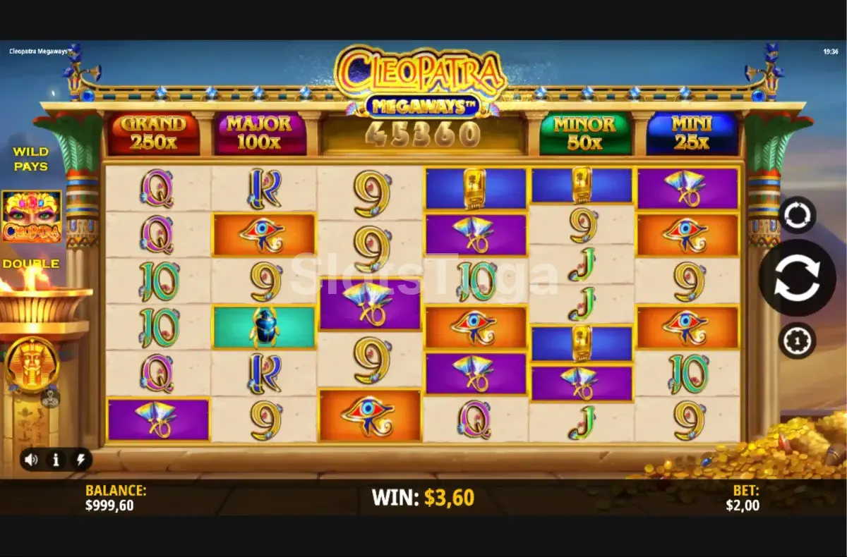 Segunda tela do jogo base da Cleopatra Megaways em ação